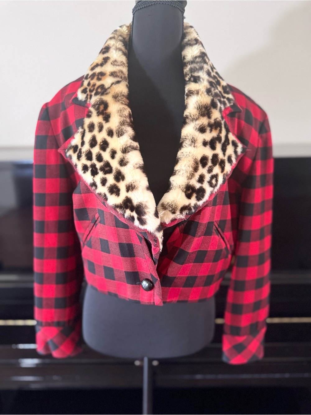 NICOLE MILLER Cropped Jacket with Leopard Faux-Fur Collar